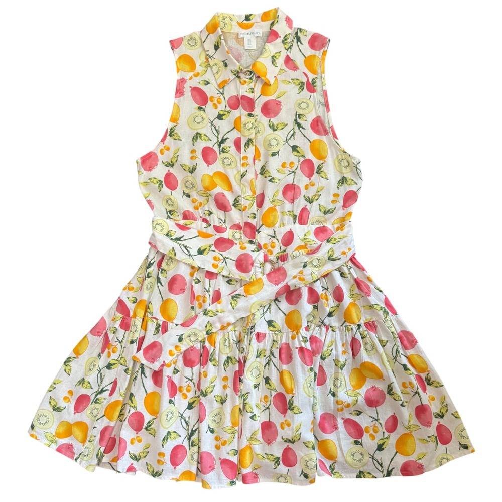 Cynthia Rowley Fruit Print Linen Blend Sleeveless Tiered Shirt Dress Size 10 363